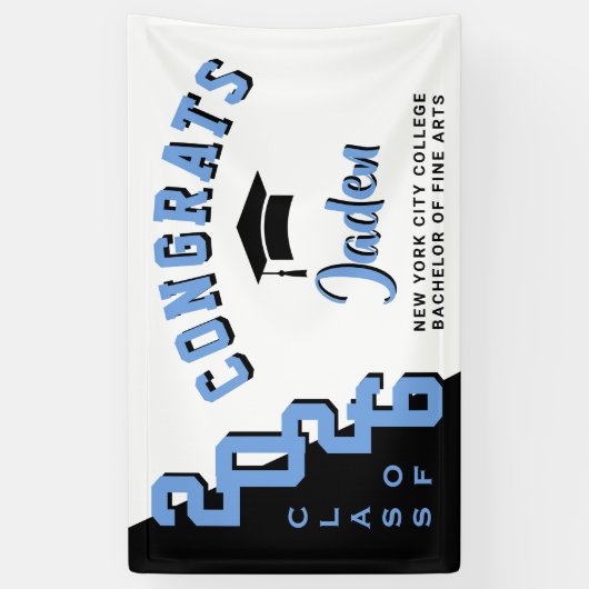 Moderne zwart blauw wit 2023 diploma feest spandoek (Verticaal)