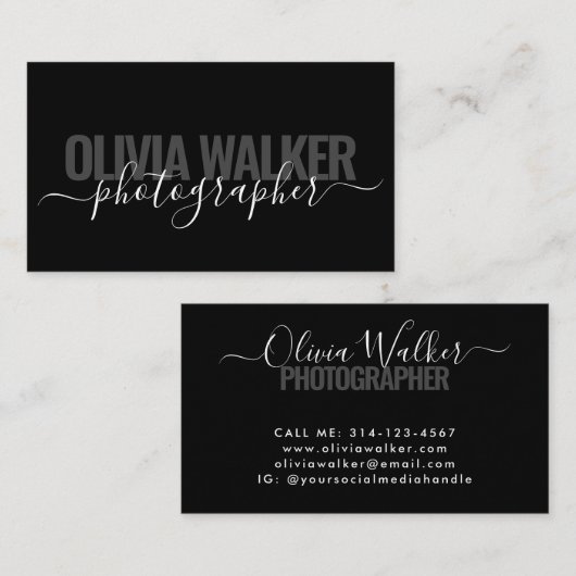 Moderne Zwart Chic Signature Script Fotograaf Visitekaartje (Voorkant / Achterkant)
