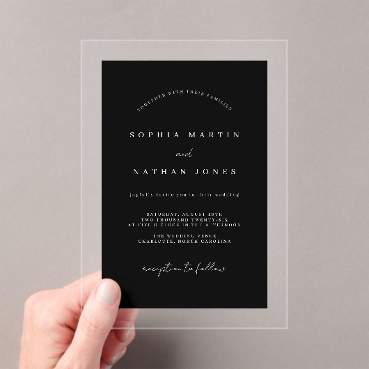 Moderne zwart duidelijke minimalistische bruiloft acryl uitnodigingen (Insitu (Draagbaar))
