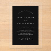 Moderne zwart duidelijke minimalistische bruiloft acryl uitnodigingen (Voorkant)