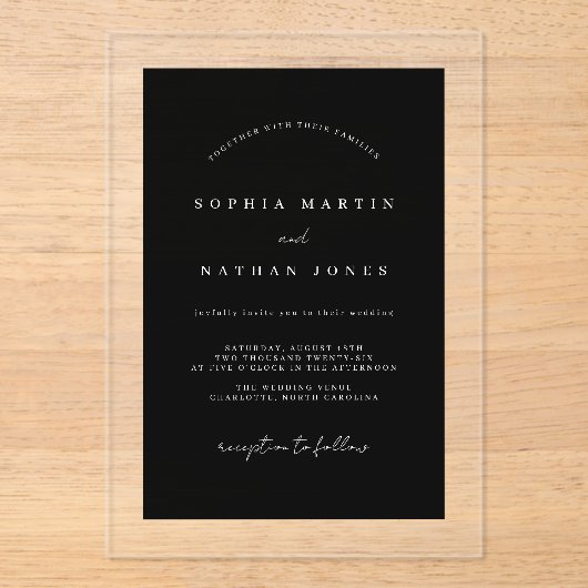 Moderne zwart duidelijke minimalistische bruiloft acryl uitnodigingen (Voorkant)