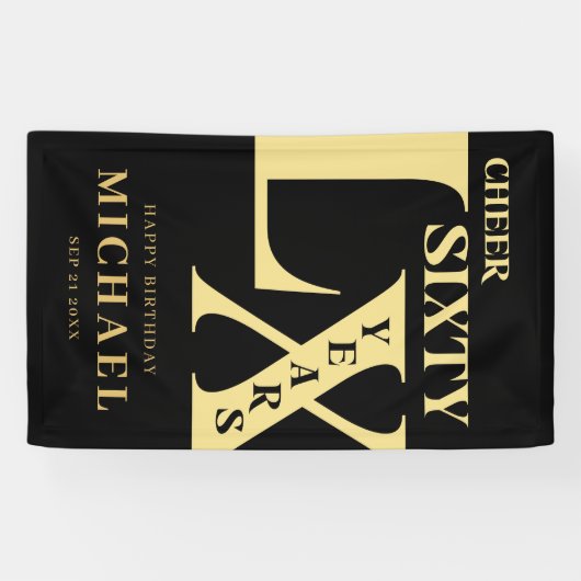 Moderne Zwart en Goud 60e Verjaardag Spandoek (Horizontaal)