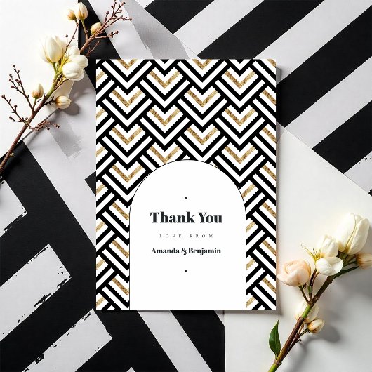 Moderne zwart en goud geometrische bruiloft foto bedankkaart