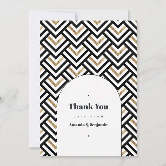 Moderne zwart en goud geometrische bruiloft foto bedankkaart (Voorkant)