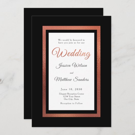 Moderne Zwart en Koper Elegante Formele Huwelijk Kaart (Voorkant / Achterkant)