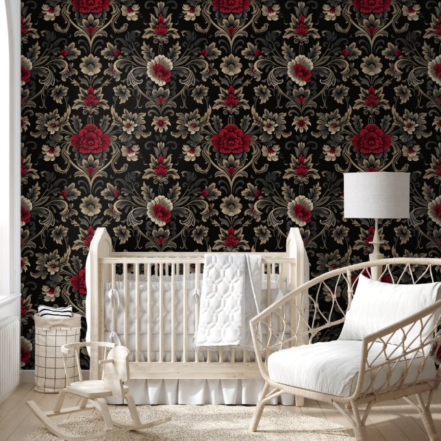Moderne  zwart en rood damast gotisch behang (Kinderen)