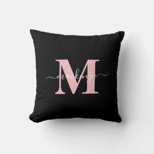 Moderne Zwart en Roze Elegant Monogram Naam Kussen