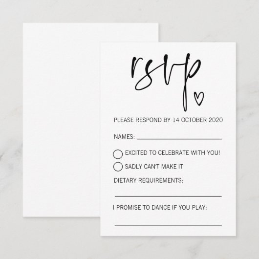 Moderne Zwart en Wit RSVP Gelieve te Beantwoorden  (Voorkant / Achterkant)