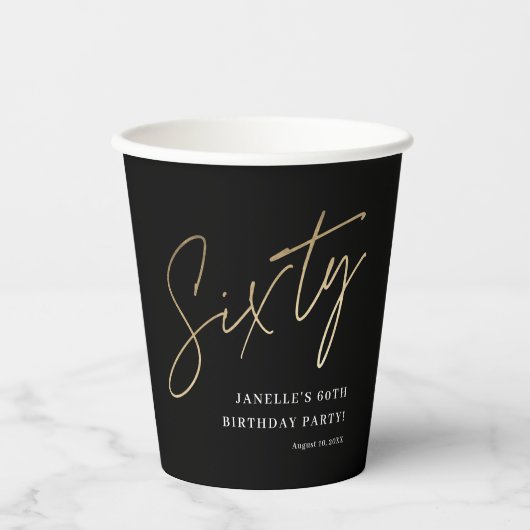 Moderne Zwart Goud 60e Verjaardagsfeestdrank Papieren Bekers (Voorkant)