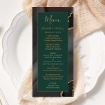 Moderne Zwart Goud Agaat Smaragd Groene Bruiloft Menu<br><div class="desc">Dit elegante,  moderne huwelijksmenu heeft een waterverf zwarte agaat achtergrond afgewerkt met gouden faux glitter. De tekst verschijnt in elegant goudkleurig handschrift en koperplaat lettertypen op een smaragdgroene rechthoek. Het ontwerp van de zwarte agaat wordt herhaald op de achterkant.</div>