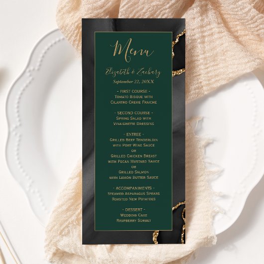 Moderne Zwart Goud Agaat Smaragd Groene Bruiloft Menu