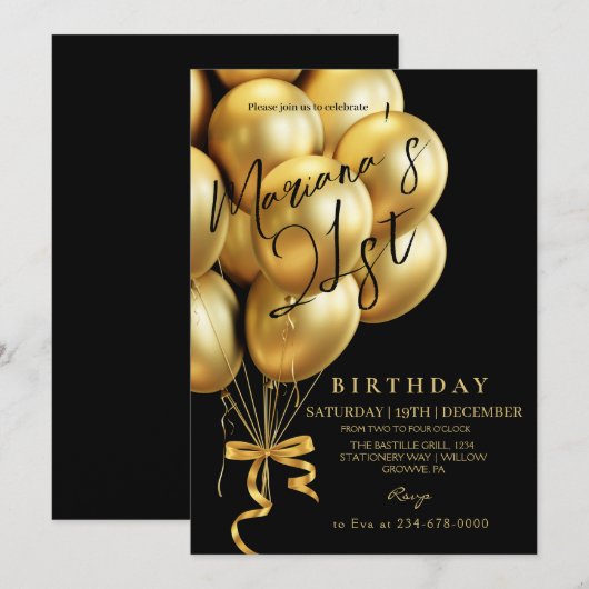 Moderne Zwart & Goud Ballonboog Verjaardagsfeestje Kaart (Voorkant / Achterkant)