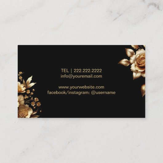 Moderne Zwart & Goud Bloemen Schoonheidssalon Luxe Visitekaartje (Achterkant)