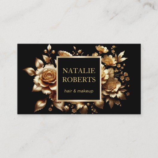 Moderne Zwart & Goud Bloemen Schoonheidssalon Luxe Visitekaartje (Voorkant)