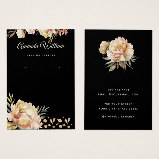 Moderne Zwart & Goud bloemige oorbel display kaart (Voorkant /achterkant)