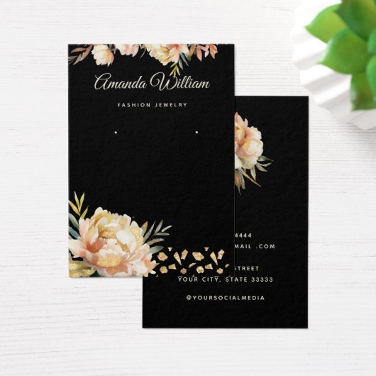 Moderne Zwart & Goud bloemige oorbel display kaart (Bureau)