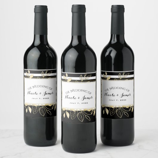Moderne Zwart Goud Botanische Glamour Chique Wijn Wijn Etiket (Flessen)