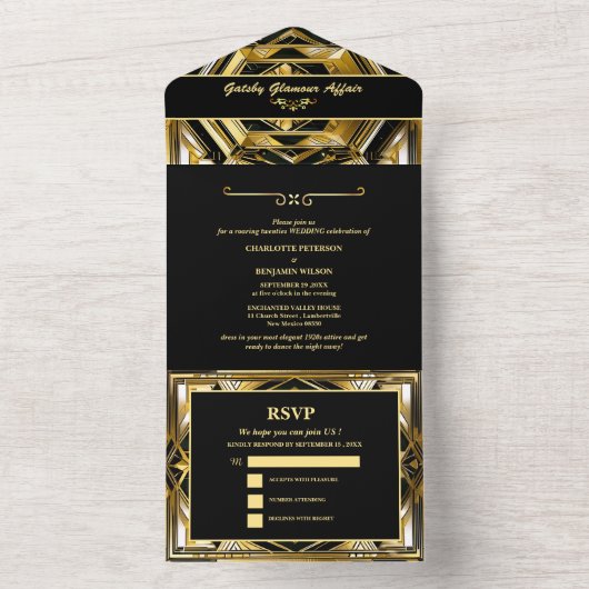 Moderne Zwart & Goud Gatsby Art Deco 1920s Bruilof All In One Uitnodiging (Binnen)