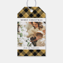 Moderne Zwart Goud Geplaagde Kerstmis Familiefoto Cadeaulabel