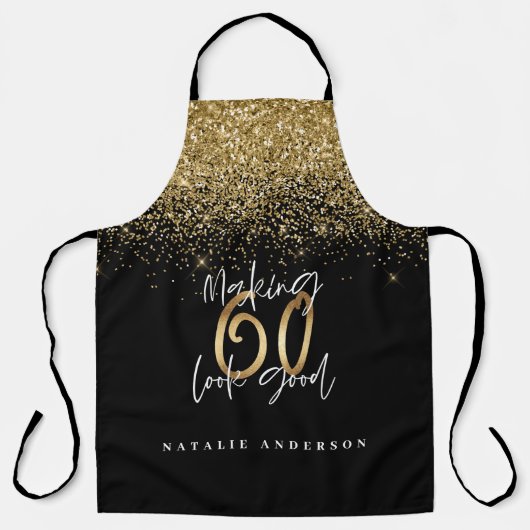 Moderne zwart goud glitter 60ste verjaardag typogr schort (Voorkant)