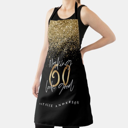 Moderne zwart goud glitter 60ste verjaardag typogr schort (Insitu)