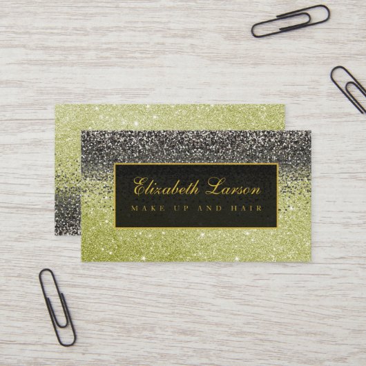 Moderne Zwart Goud Glitter Schoonheid Make-up Visitekaartje (Voorkant / Achterkant in situ)