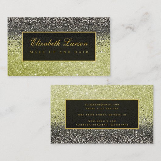 Moderne Zwart Goud Glitter Schoonheid Make-up Visitekaartje (Voorkant / Achterkant)