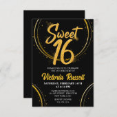 Moderne Zwart & Goud Glitter Typografie Sweet 16 Kaart (Voorkant / Achterkant)