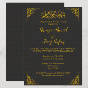 Moderne Zwart & Goud Islamitische Moslim Bruiloft Kaart