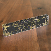 Moderne Zwart Goud Marmeren Steen Custom Minimalis Naambordje (Zijkant)