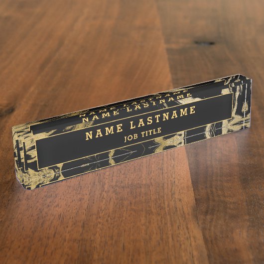 Moderne Zwart Goud Marmeren Steen Custom Minimalis Naambordje (Zijkant)
