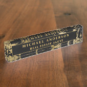 Moderne Zwart Goud Marmeren Steen Custom Minimalis Naambordje (Zijkant)