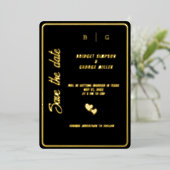 Moderne zwart goud monogram bruiloft Save the date Folie Uitnodiging (Staand Voorkant)