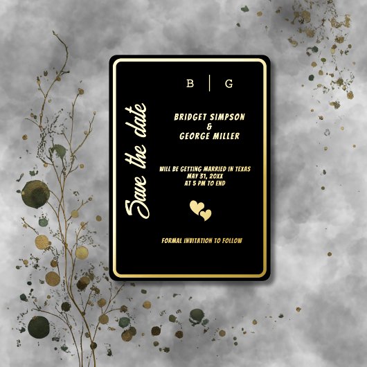 Moderne zwart goud monogram bruiloft Save the date Folie Uitnodiging