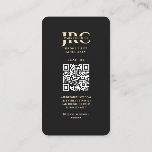 Moderne Zwart Goud Monogram Drone Pilot Visitekaartje (Achterkant)