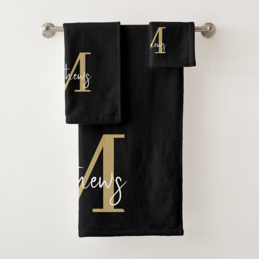 Moderne Zwart Goud Monogram Familienaam Bad Handdoek (Insitu)