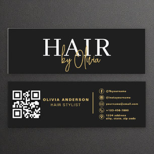 Moderne Zwart Goud QR Code Hair Stylist Typografie Mini Visitekaartje