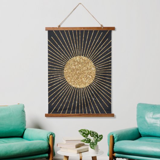 Moderne Zwart Goud Schijnende Zon Hangend Wandkleed (Woonkamer)