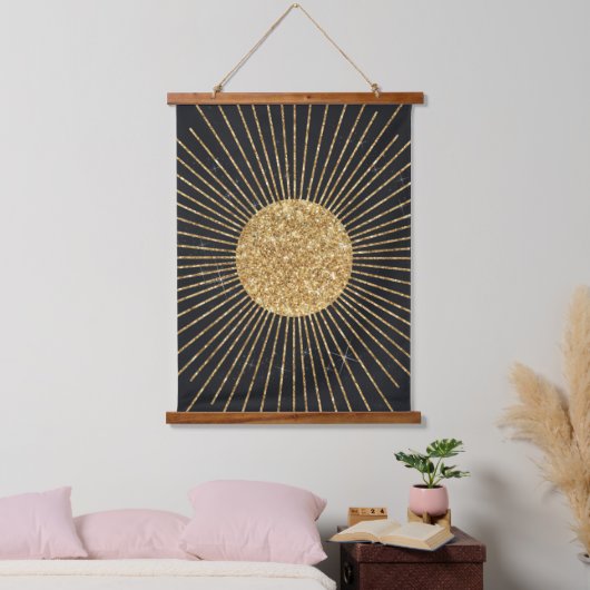 Moderne Zwart Goud Schijnende Zon Hangend Wandkleed (Slaapkamer)