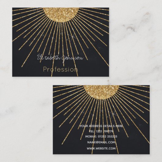 Moderne Zwart Goud Schijnende Zon Visitekaartje (Voorkant / Achterkant)