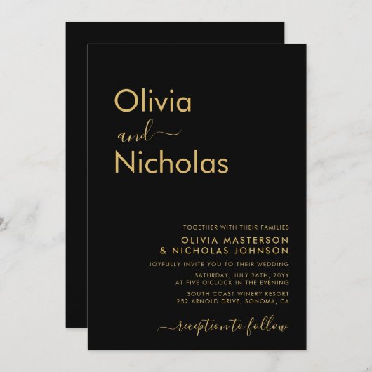 Moderne Zwart Goud Typografie Monogram Bruiloft Kaart (Voorkant / Achterkant)