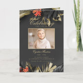 Moderne Zwart-Gouden Bloemen Fotobegrafenis Programma (Voorkant)