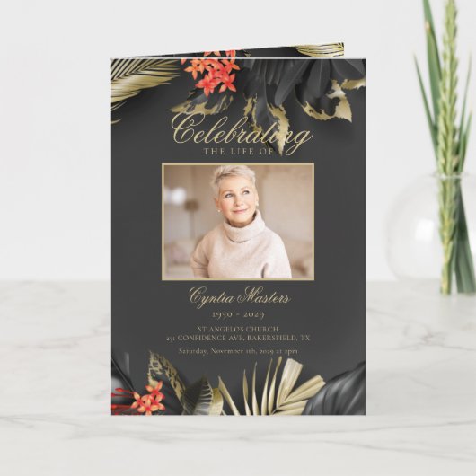 Moderne Zwart-Gouden Bloemen Fotobegrafenis Programma (Voorkant)