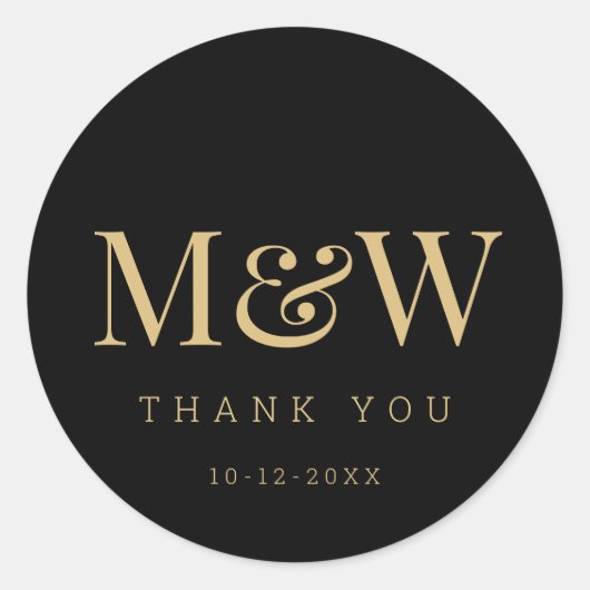Moderne Zwart Gouden Bruid Groom Monogram Dank u Ronde Sticker (Voorkant)