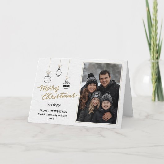 Moderne zwart-gouden familiefoto feestdagen kaart (Voorkant)
