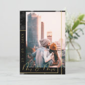 Moderne zwart-gouden trouwfoto save the date (Staand voorkant)