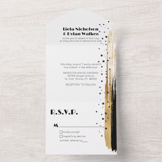 Moderne Zwart Gouden Verf Swash Border Bruiloft All In One Uitnodiging (Binnen)