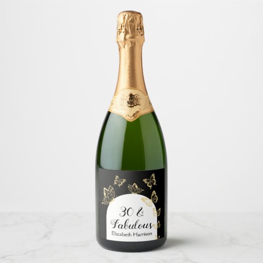 Moderne zwart gouden vlinders Fabulous verjaardag Sparkling Wijnetiket (Voorkant)