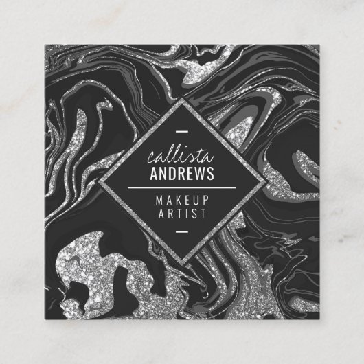 Moderne Zwart Grijs Zilver Glitter Marmeren Make-u Vierkante Visitekaartje (Voorkant)