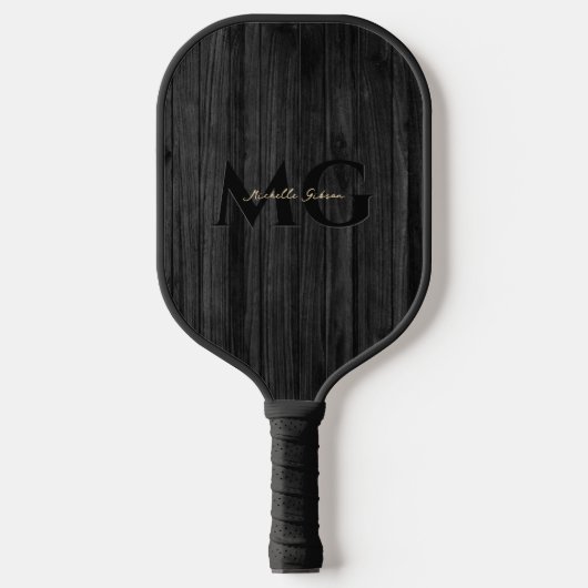 Moderne Zwart Hout Goud Monogram Initialen Pickleball Paddle (Voorkant)